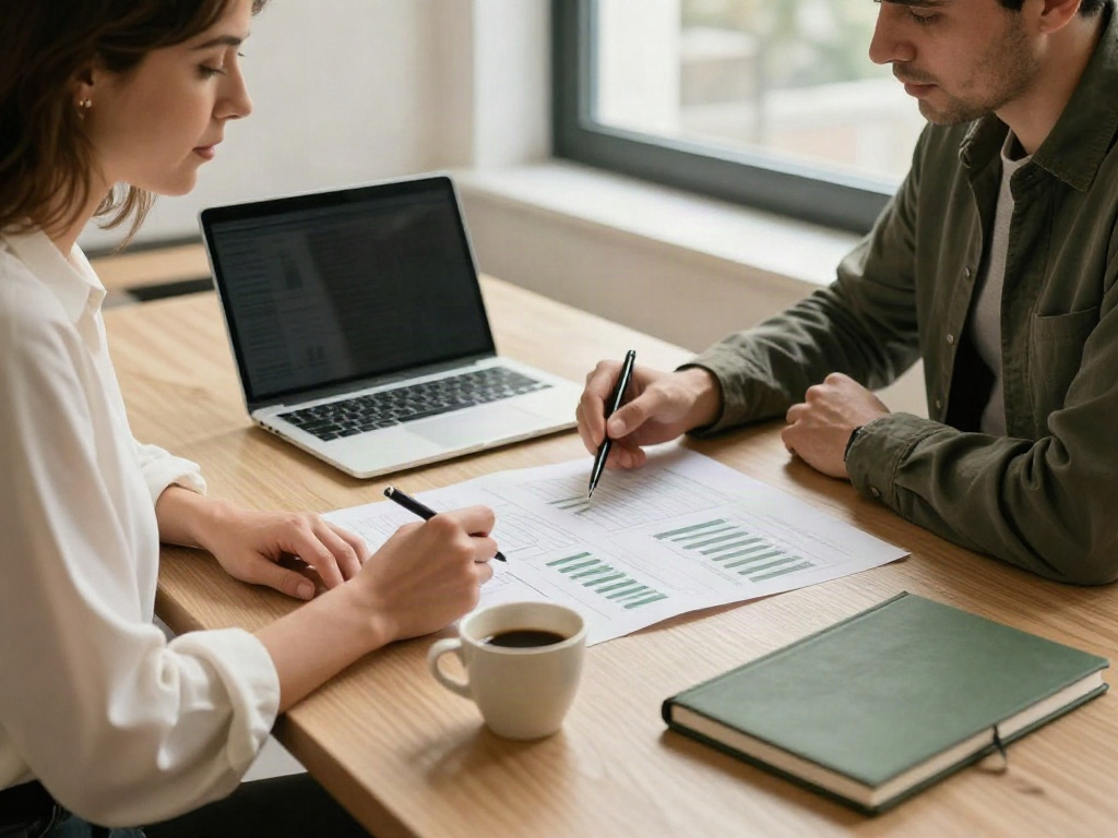 Consultants reviewing printed performance reports together at an oak table