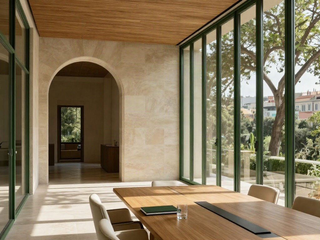 Sunlit executive boardroom with an oak conference table and olive-framed windows